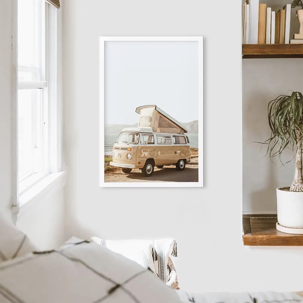 Yellow Hipster Vintage Van Poster. Summer Travel. White Frame