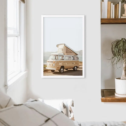 Yellow Hipster Vintage Van Poster. Summer Travel. White Frame