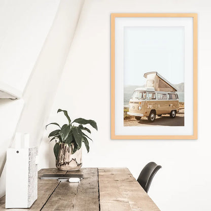 Yellow Hipster Vintage Van Poster. Summer Travel. Wood Frame with Mat