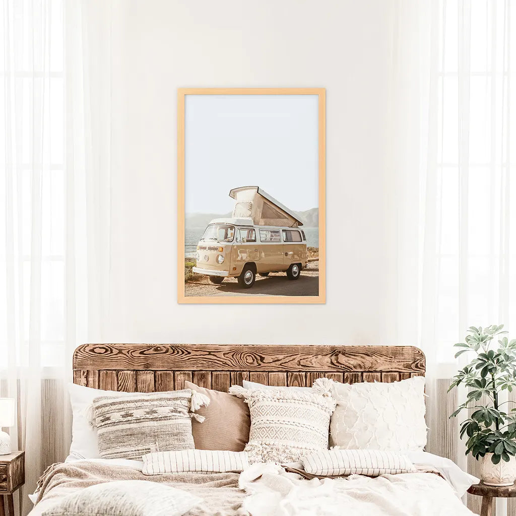 Yellow Hipster Vintage Van Poster. Summer Travel. Wood Frame