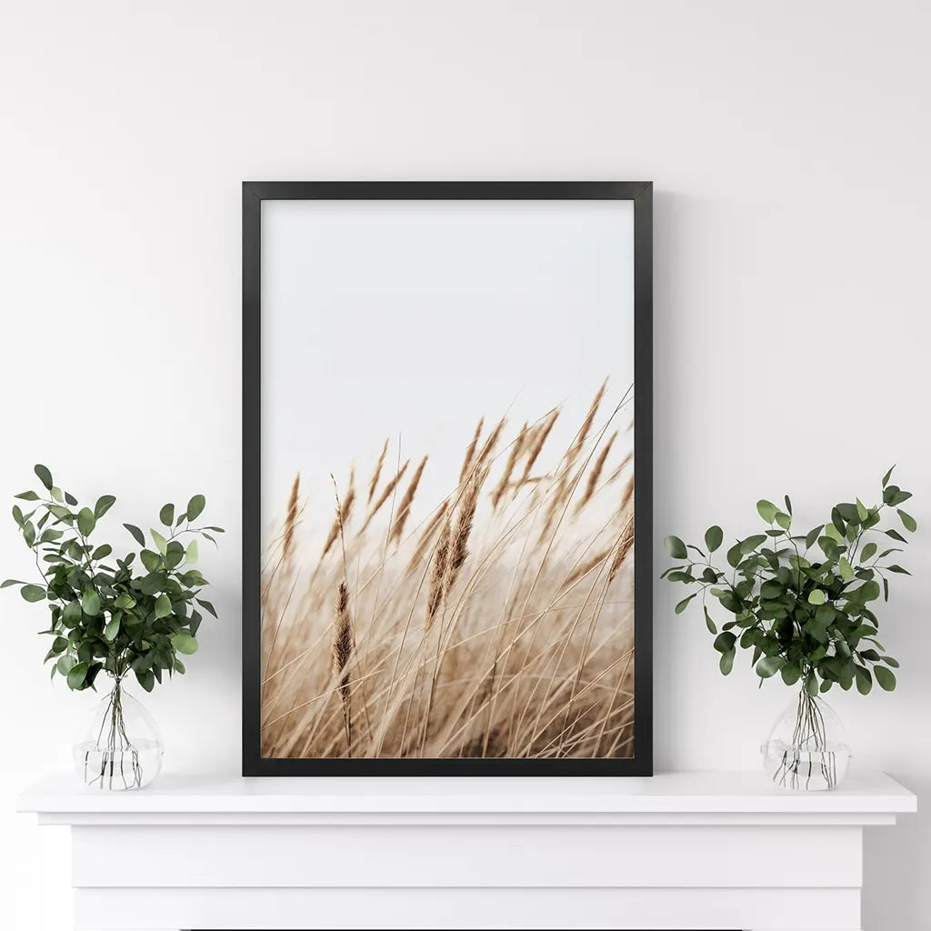 Bohemian Pampas Grass Print. Nature Inspired Theme. Black Frame