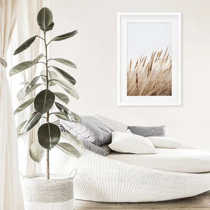 Bohemian Pampas Grass Print. Nature Inspired Theme. White Frame with Mat