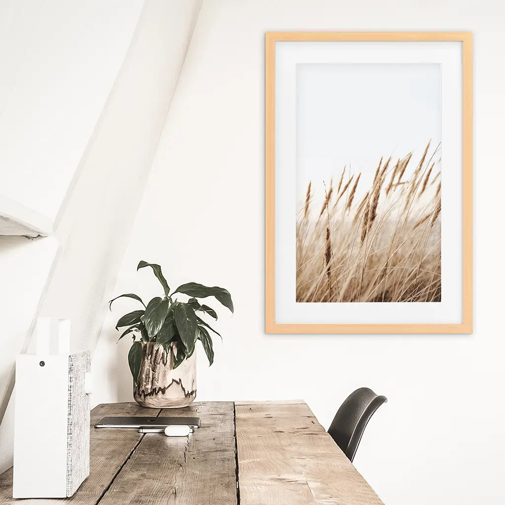 Bohemian Pampas Grass Print. Nature Inspired Theme. Wood Frame with Mat