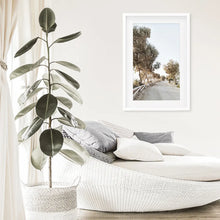 Load image into Gallery viewer, Boho Chic Wall Decor. Coastal Travel Theme. White Frame with Mat
