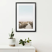 Load image into Gallery viewer, Boho Chic Wall Art Print. Sandy Beach Path, Dried Grass. Black Frame with Mat
