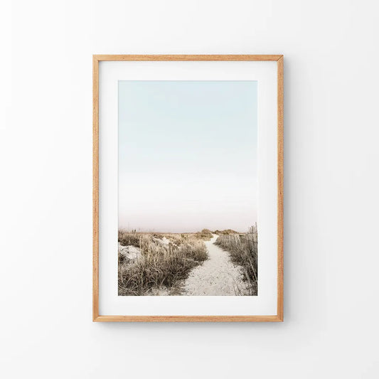 Boho Chic Wall Art Print. Sandy Beach Path, Dried Grass. Thin Wood Frame with Mat