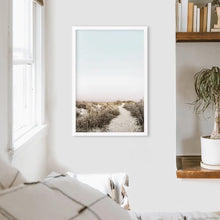 Load image into Gallery viewer, Boho Chic Wall Art Print. Sandy Beach Path, Dried Grass. White Frame
