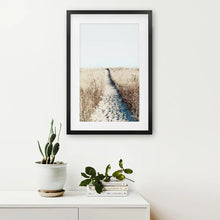 Load image into Gallery viewer, Calm Beach Wall Art Print. Sand Dunes, Dried Grass. Black Frame with Mat
