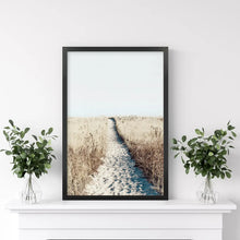 Load image into Gallery viewer, Calm Beach Wall Art Print. Sand Dunes, Dried Grass. Black Frame
