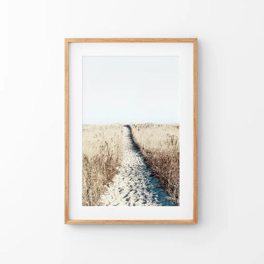 Calm Beach Wall Art Print. Sand Dunes, Dried Grass. Thin Wood Frame with Mat