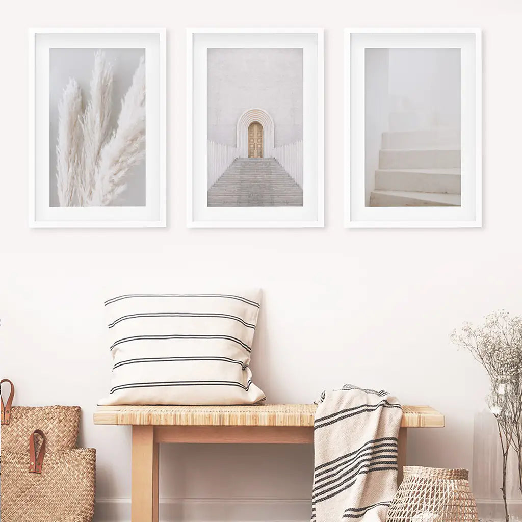 Boho Contemporary Aestethic Wall Art. Door, Grass, Stairway. White Frames with Mat