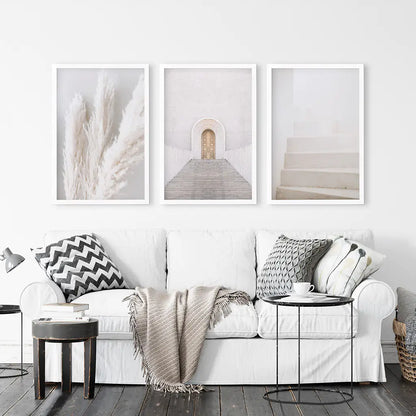 Boho Contemporary Aestethic Wall Art. Door, Grass, Stairway. White Frames