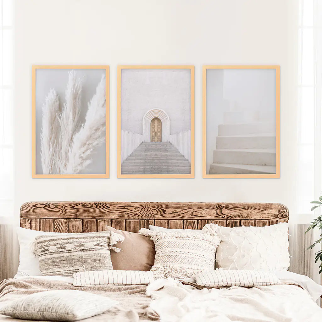 Boho Contemporary Aestethic Wall Art. Door, Grass, Stairway. Wood Frames