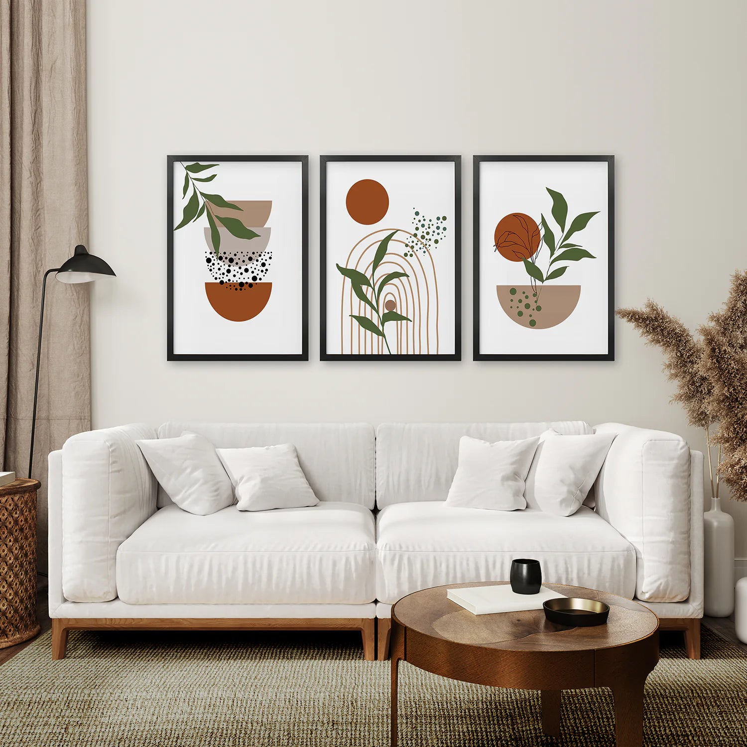 Abstract Green Leaves Wall Art Set of 3 Pieces. Earth Tones. Black Frame. Living Room