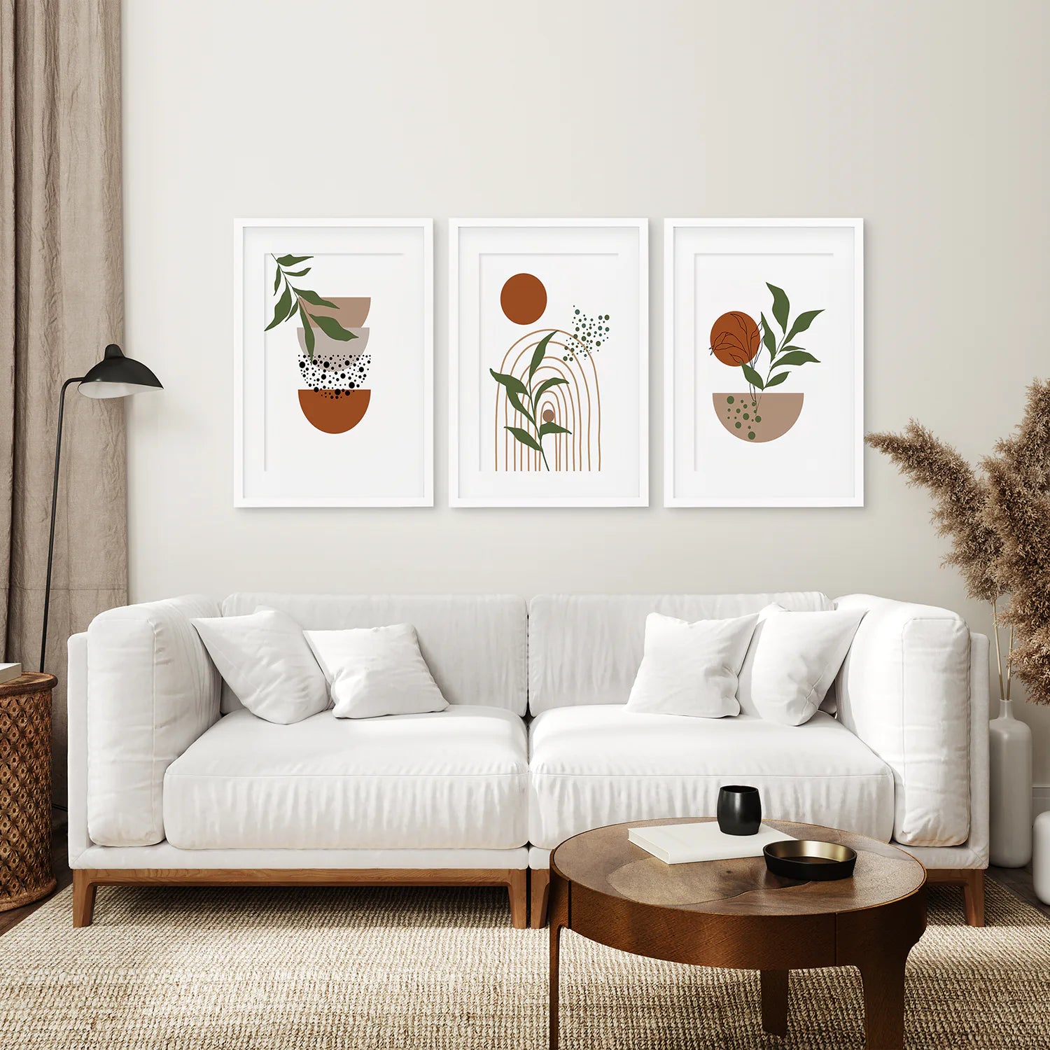 Abstract Green Leaves Wall Art Set of 3 Pieces. Earth Tones. White Frame with Mat. Living Room