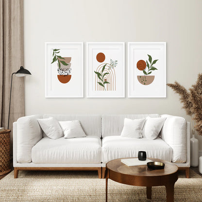 Abstract Green Leaves Wall Art Set of 3 Pieces. Earth Tones. White Frame with Mat. Living Room