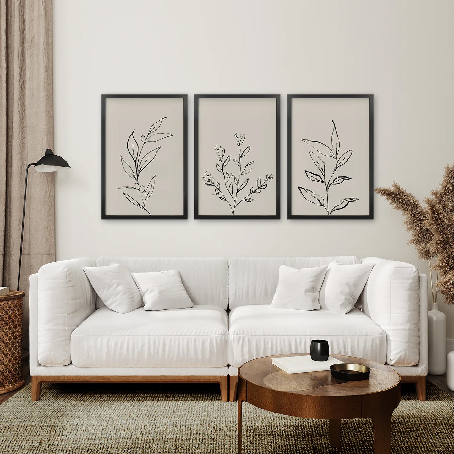 3 Piece Contemporary Art Set of Posters. One Line Drawing. Black Frame. Living Room