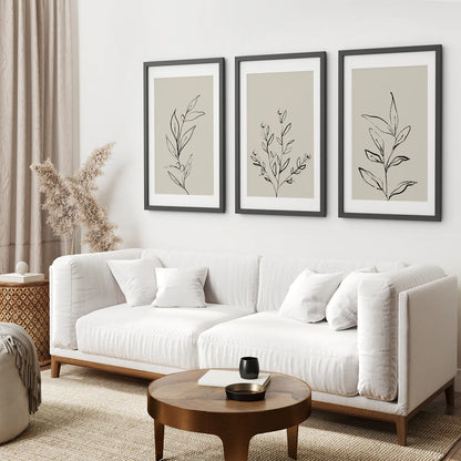 3 Piece Contemporary Art Set of Posters. One Line Drawing. Black Frame with Mat. Living Room