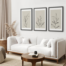 Load image into Gallery viewer, 3 Piece Contemporary Art Set of Posters. One Line Drawing. Black Frame with Mat. Living Room
