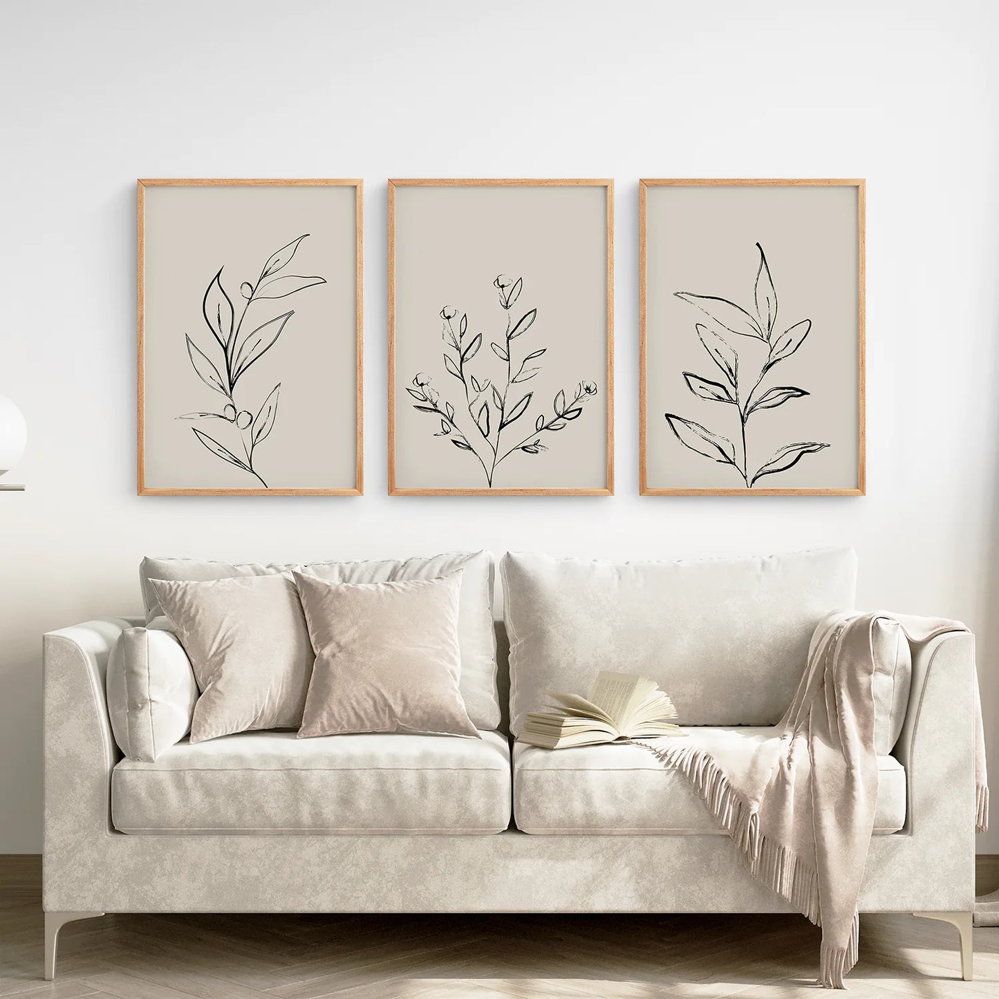 3 Piece Contemporary Art Set of Posters. One Line Drawing. Thinwood Frame. Living Room