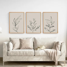 Load image into Gallery viewer, 3 Piece Contemporary Art Set of Posters. One Line Drawing. Thinwood Frame. Living Room
