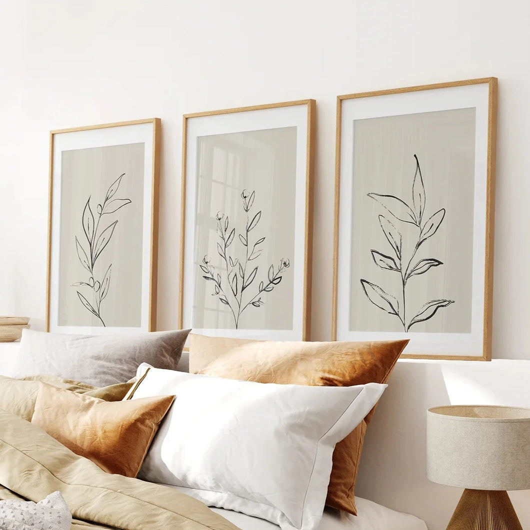 3 Piece Contemporary Art Set of Posters. One Line Drawing. Thinwood Frame with Mat. Bedroom