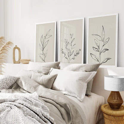 3 Piece Contemporary Art Set of Posters. One Line Drawing. White Frame. Bedroom