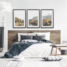 Load image into Gallery viewer, Brown Autumn Wall Art. Mountain Lake and Forest. Black Frames with Mat
