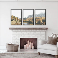 Load image into Gallery viewer, Brown Autumn Wall Art. Mountain Lake and Forest. Black Frames
