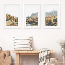 Load image into Gallery viewer, Brown Autumn Wall Art. Mountain Lake and Forest. White Frames with Mat
