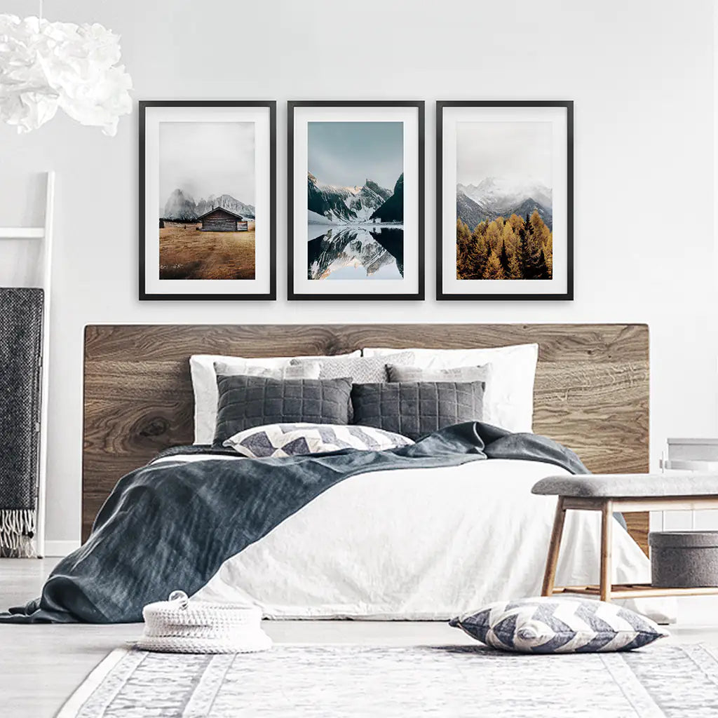 3 Piece Autumn Mountain, Forest, Lake Wall Art. Nordic Photo