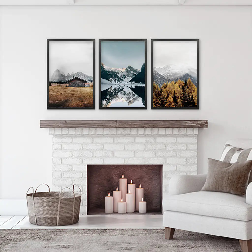 3 Piece Autumn Mountain, Forest, Lake Wall Art. Nordic Photo