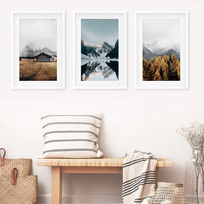 3 Piece Autumn Mountain, Forest, Lake Wall Art. Nordic Photo