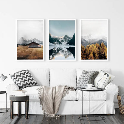 3 Piece Autumn Mountain, Forest, Lake Wall Art. Nordic Photo