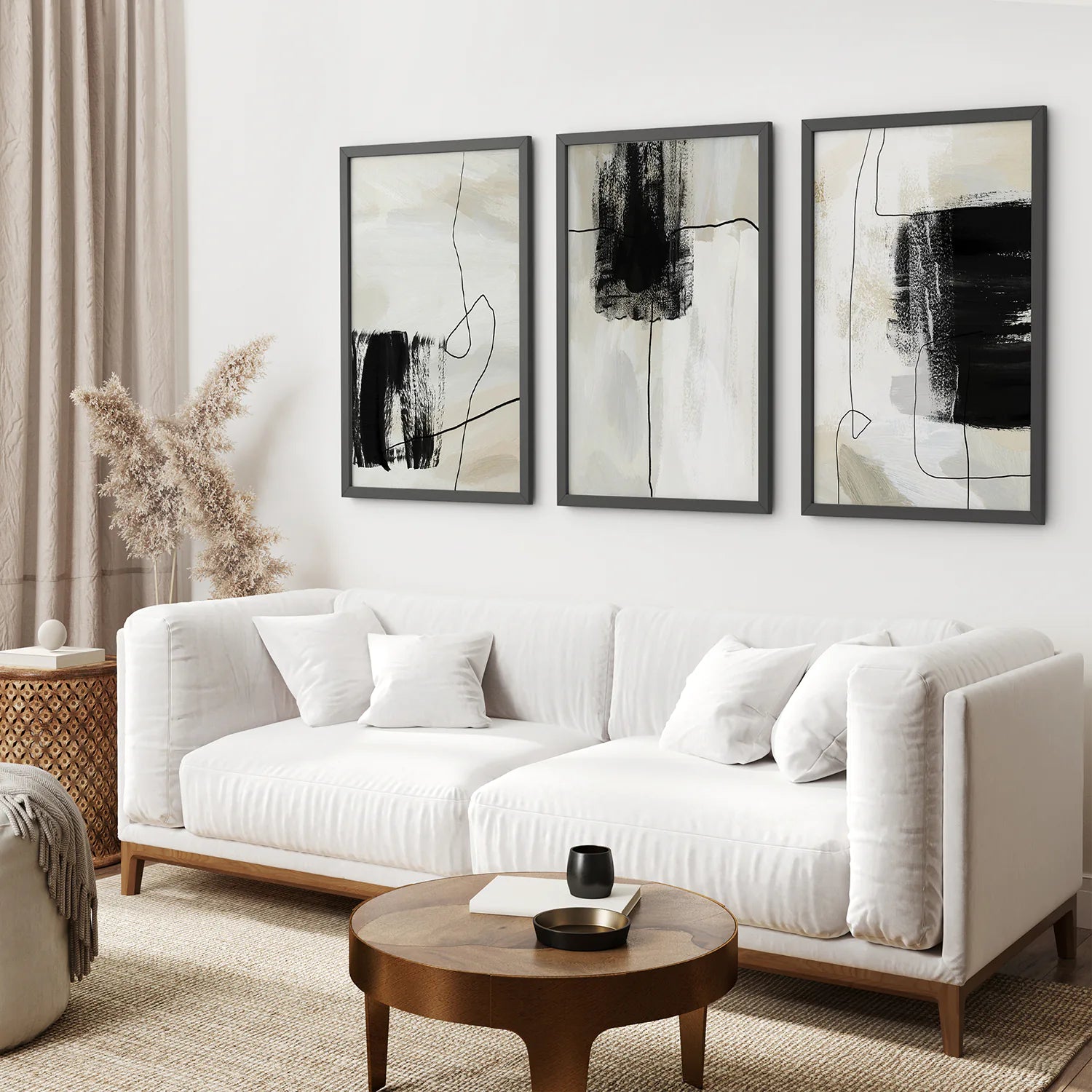 3 Piece Simple Abstract Art Set of Prints. Japandi Decor. Black Frame. Living Room