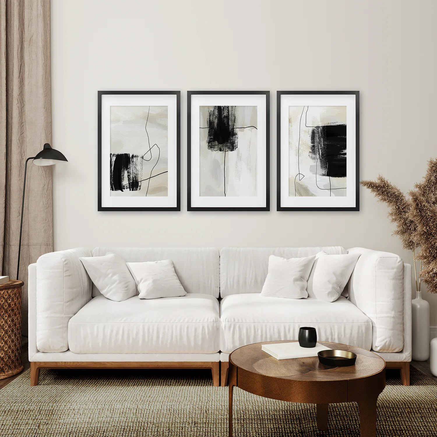 3 Piece Simple Abstract Art Set of Prints. Japandi Decor. Black Frane with Mat. Living Room