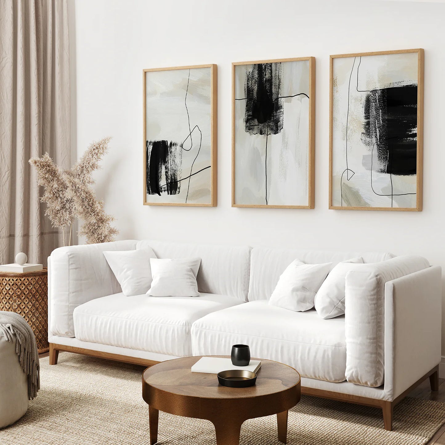 3 Piece Simple Abstract Art Set of Prints. Japandi Decor. Thinwood Frame. Living Room