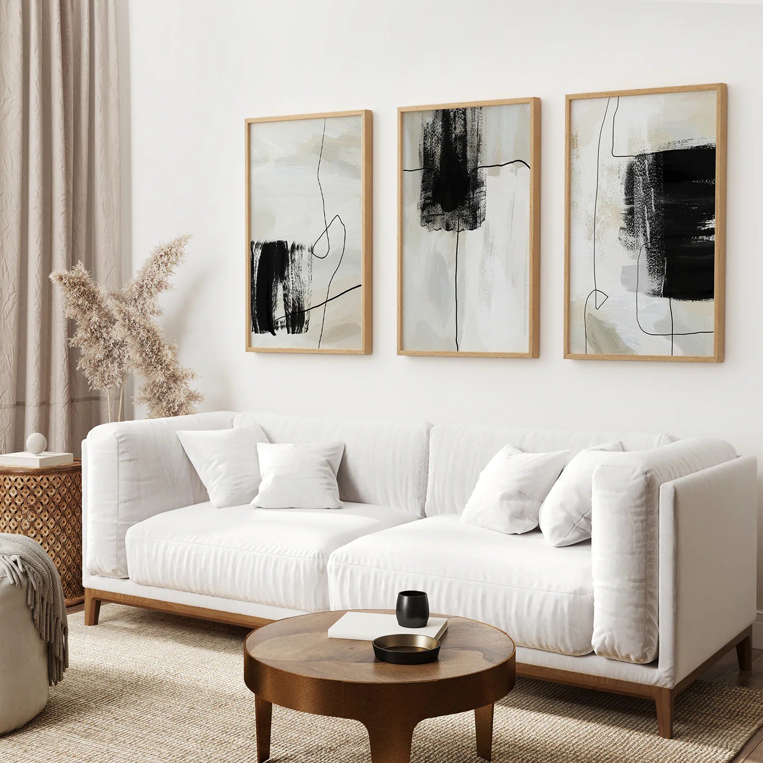 3 Piece Simple Abstract Art Set of Prints. Japandi Decor. Thinwood Frame. Living Room