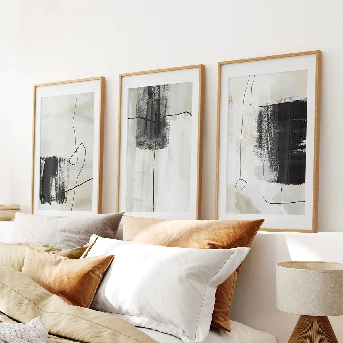 3 Piece Simple Abstract Art Set of Prints. Japandi Decor. Thinwood Frame with Mat. Bedroom