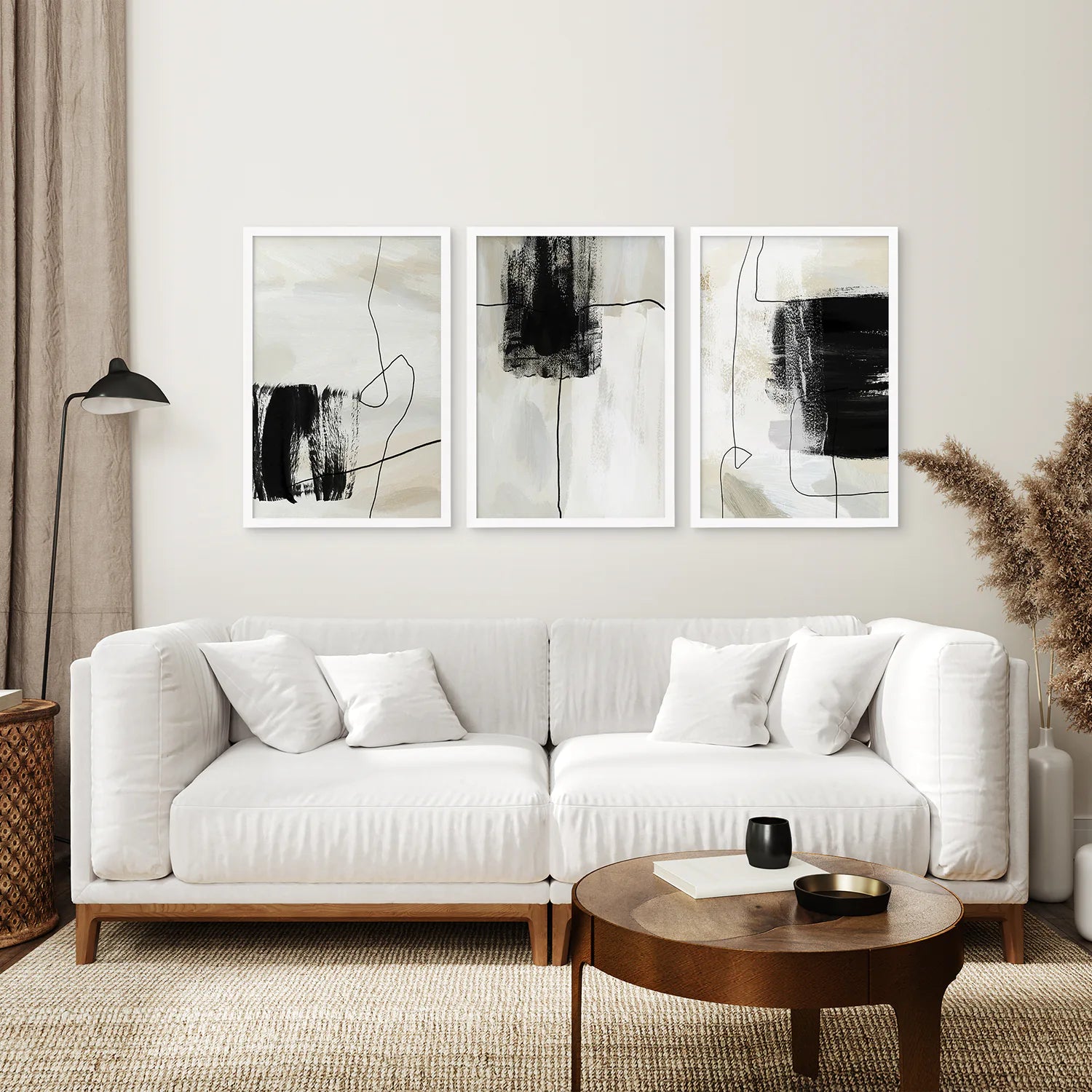 3 Piece Simple Abstract Art Set of Prints. Japandi Decor. White Frame. Living Room