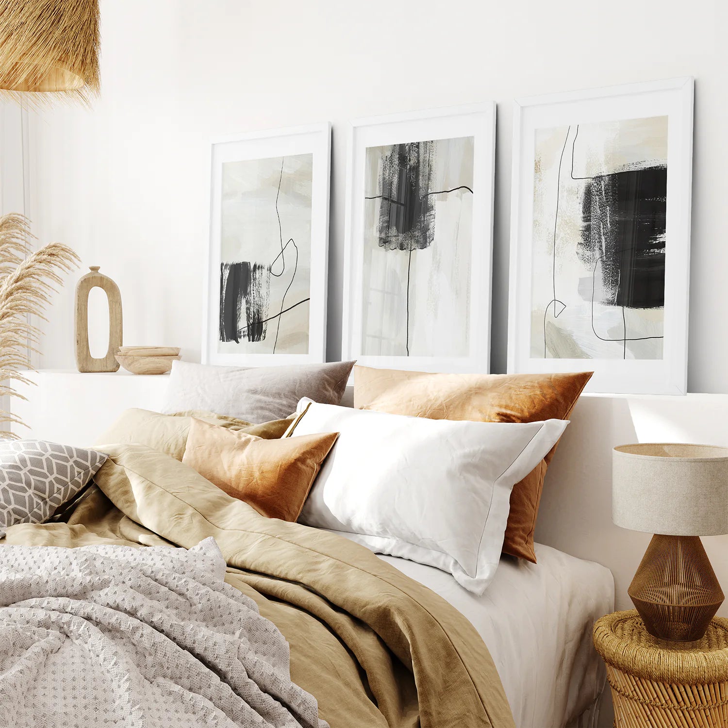3 Piece Simple Abstract Art Set of Prints. Japandi Decor. White Frame with Mat. Bedroom