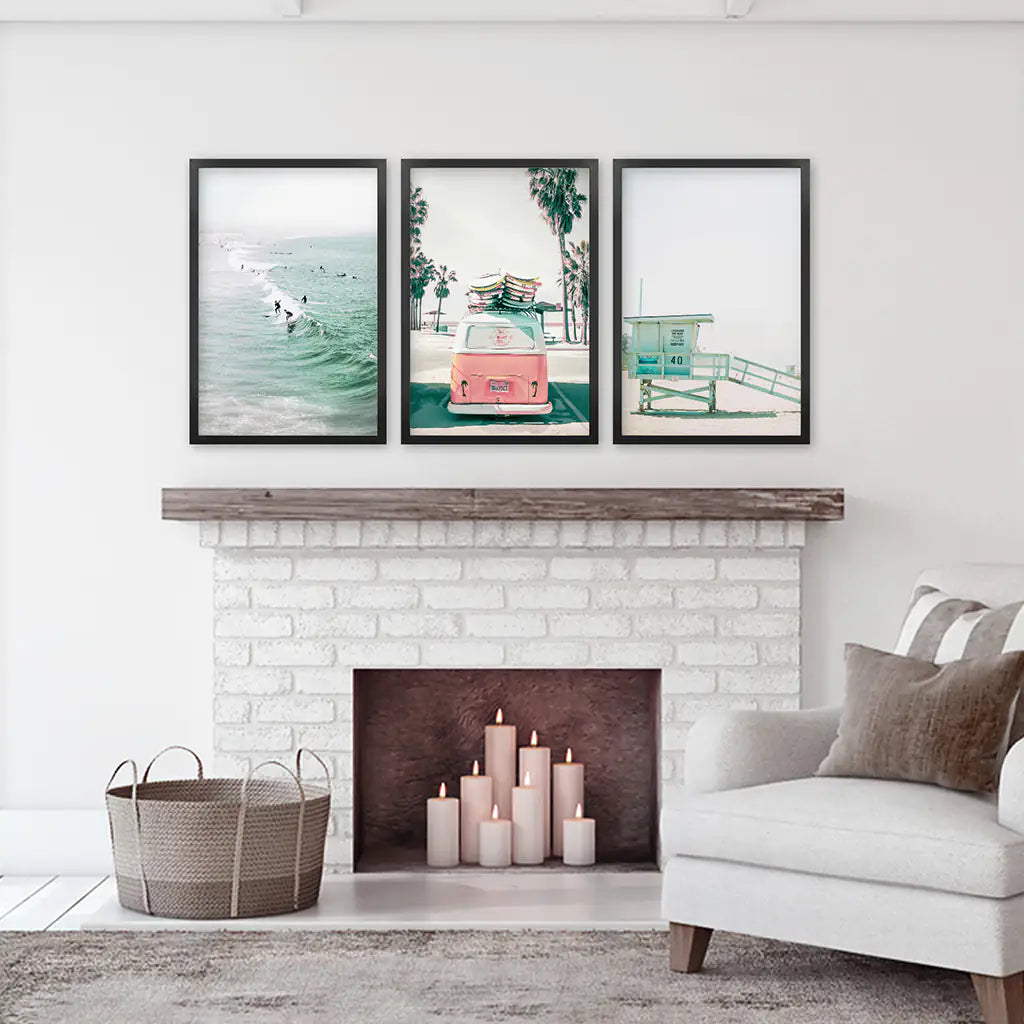 California Beach Travel Wall Art Set. Pink Bus, Lifeguard, Surfers on the Wave. Black Frames