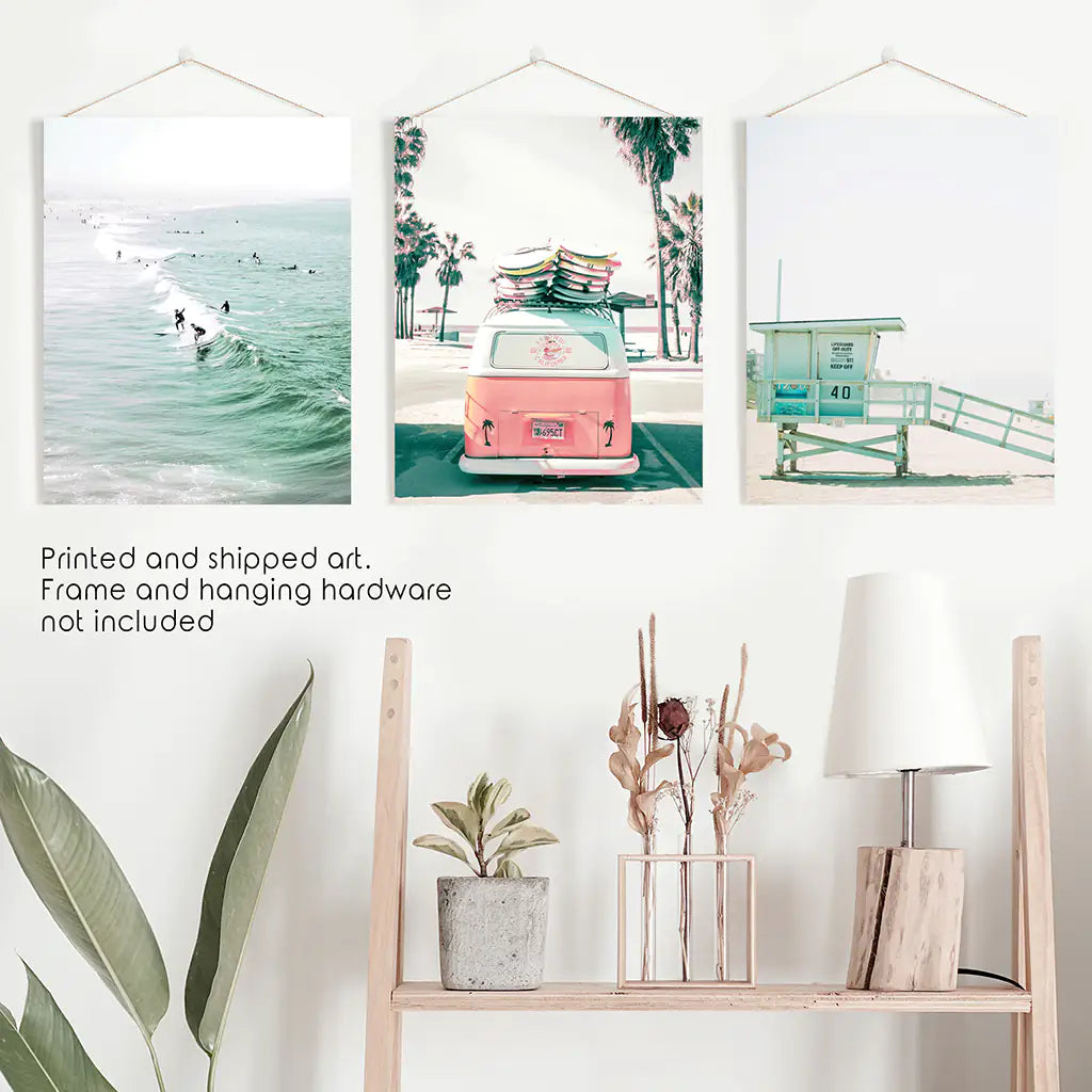 California Beach Travel Wall Art Set. Pink Bus, Lifeguard, Surfers on the Wave. Unframed Photography