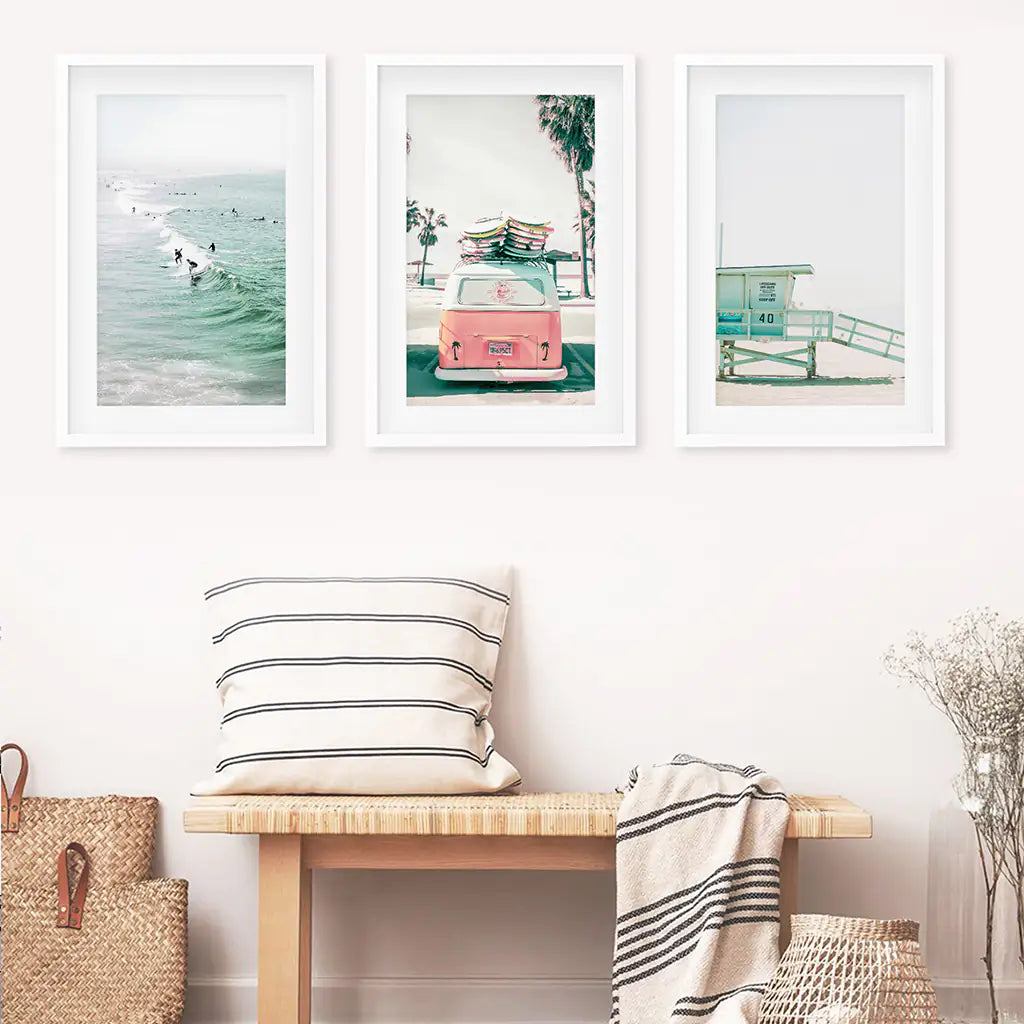 California Beach Travel Wall Art Set. Pink Bus, Lifeguard, Surfers on the Wave. White Frames with Mat