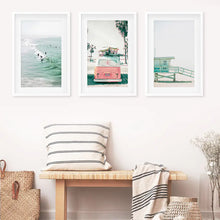 Load image into Gallery viewer, California Beach Travel Wall Art Set. Pink Bus, Lifeguard, Surfers on the Wave. White Frames with Mat
