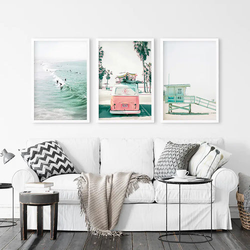 California Beach Travel Wall Art Set. Pink Bus, Lifeguard, Surfers on the Wave. White Frames