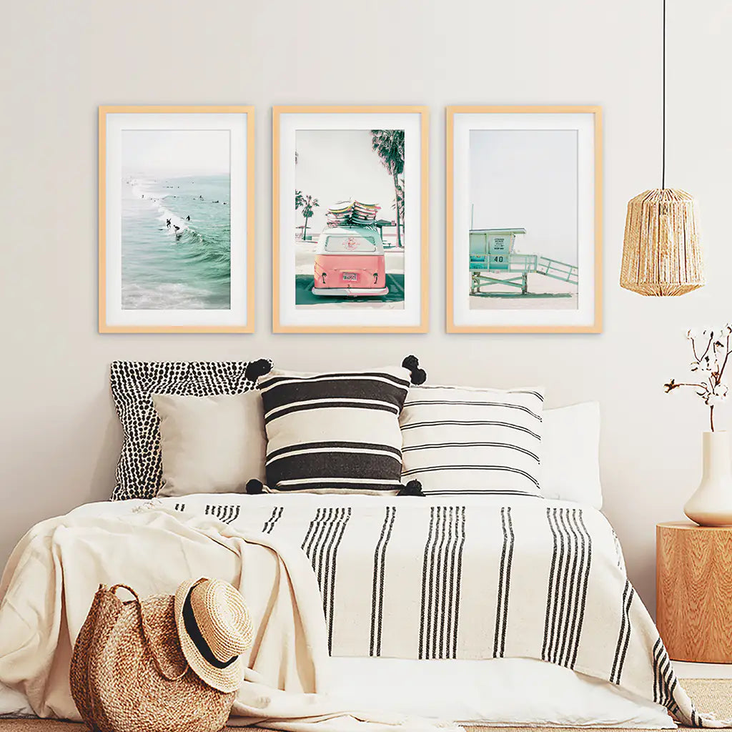 California Beach Travel Wall Art Set. Pink Bus, Lifeguard, Surfers on the Wave. Wood Frames with Mat