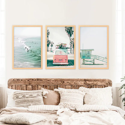 California Beach Travel Wall Art Set. Pink Bus, Lifeguard, Surfers on the Wave. Wood Frames