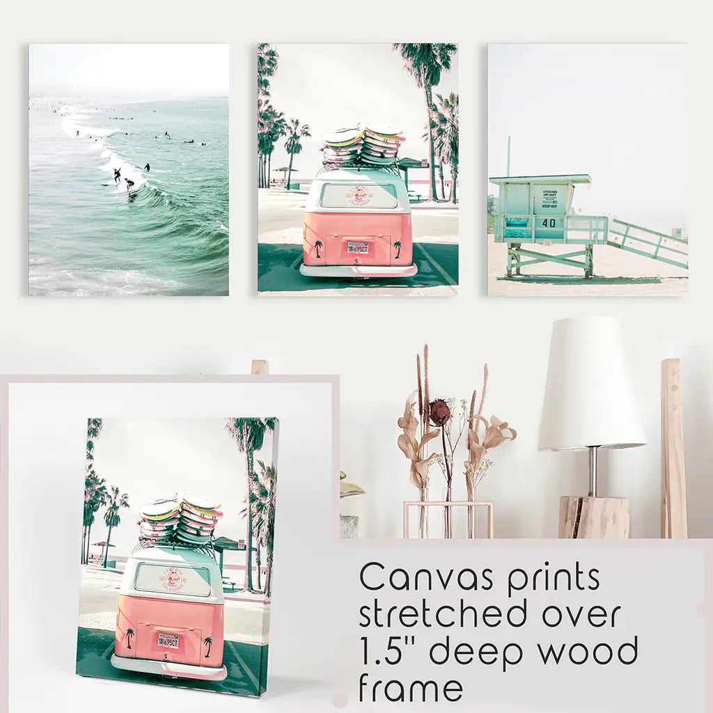 California Beach Travel Wall Art Set. Pink Bus, Lifeguard, Surfers on the Wave. Stretched Canvas