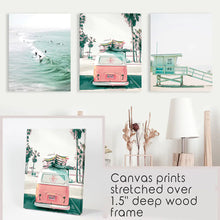 Load image into Gallery viewer, California Beach Travel Wall Art Set. Pink Bus, Lifeguard, Surfers on the Wave. Stretched Canvas
